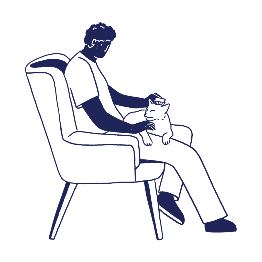Illustratie van kat en baasje knuffelend op een stoel